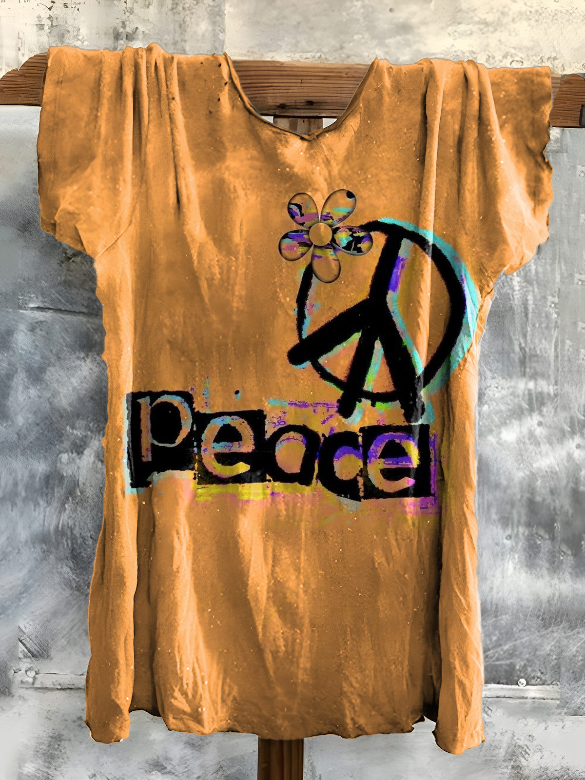 Women's Love Peace Hippy Art Print Cotton Crew Neck T-Shirt