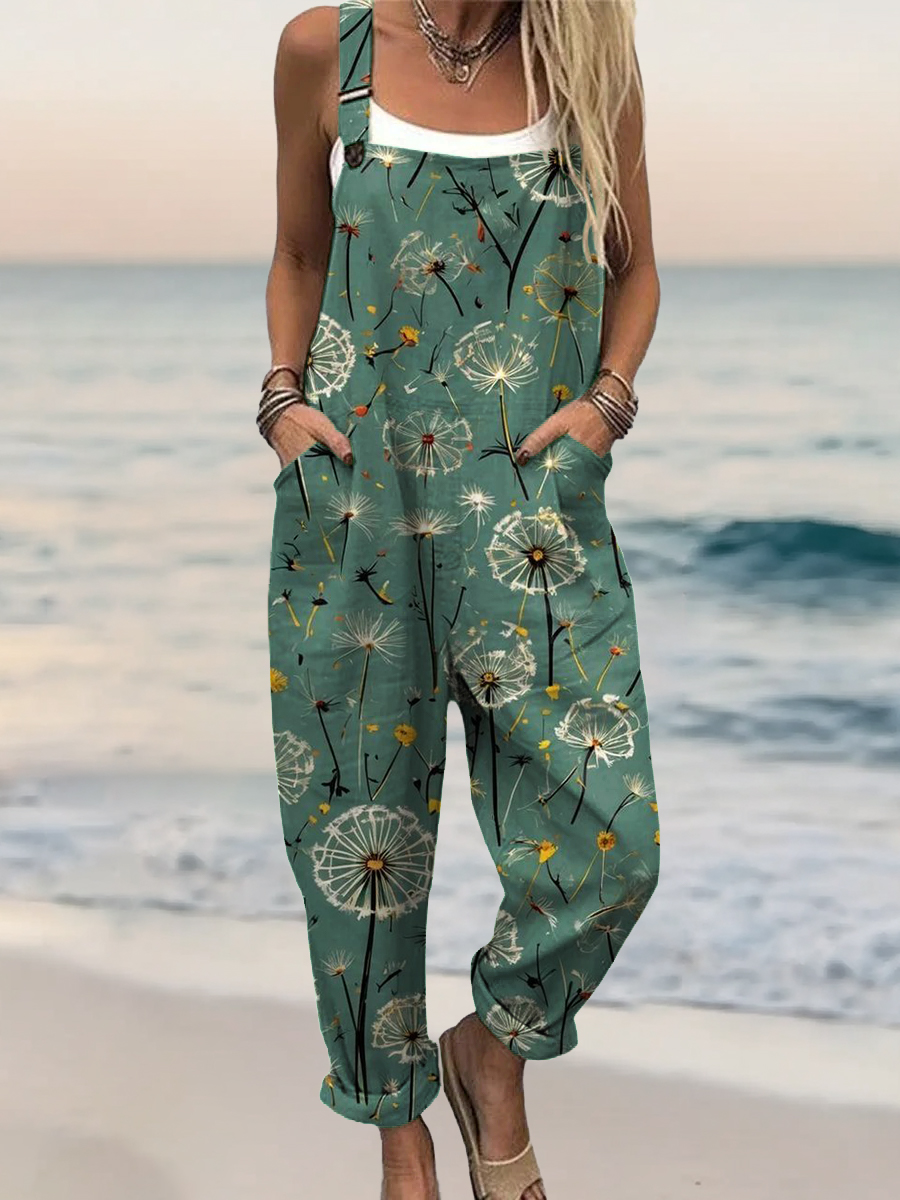 Women's Vintage Floral Art Print Casual 100% Cotton Wide Leg Jumpsuit