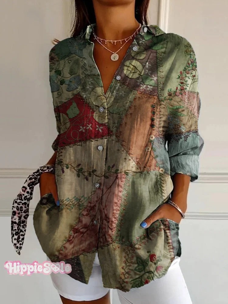 Women's Vintage Floral Bird Art Print Casual Cotton Shirt Women's Vintage Floral Bird Art Print Casual Cotton Shirt