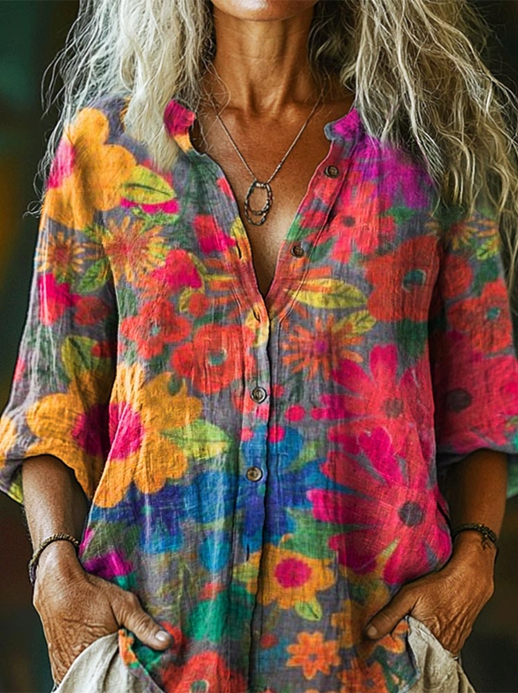 Women's Colorful Watercolor Flower Art Print Casual Cotton Linen Shirt