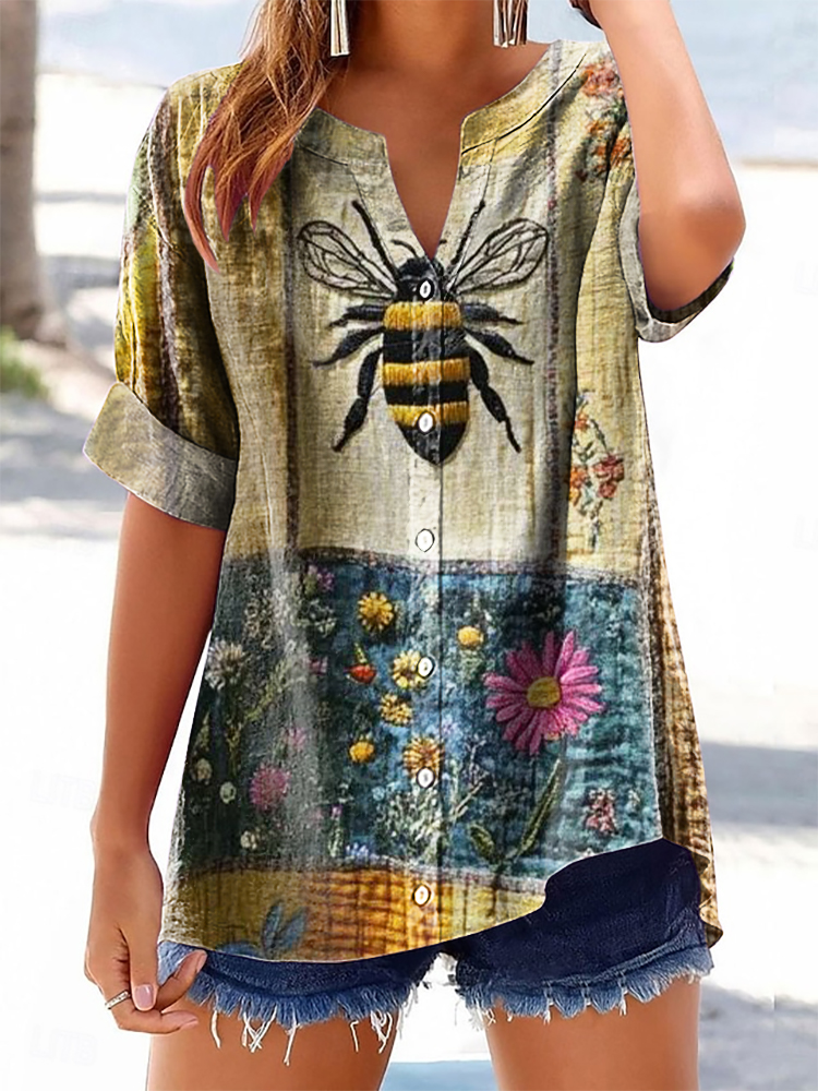 Women's Bohemian Floral Bee Art Print Casual Cotton And Linen Shirt