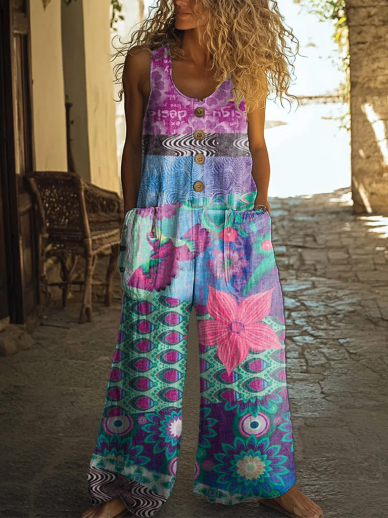 Women's Vintage Mandala Embellished Pattern Art Print Casual Suspenders Wide Leg Pants