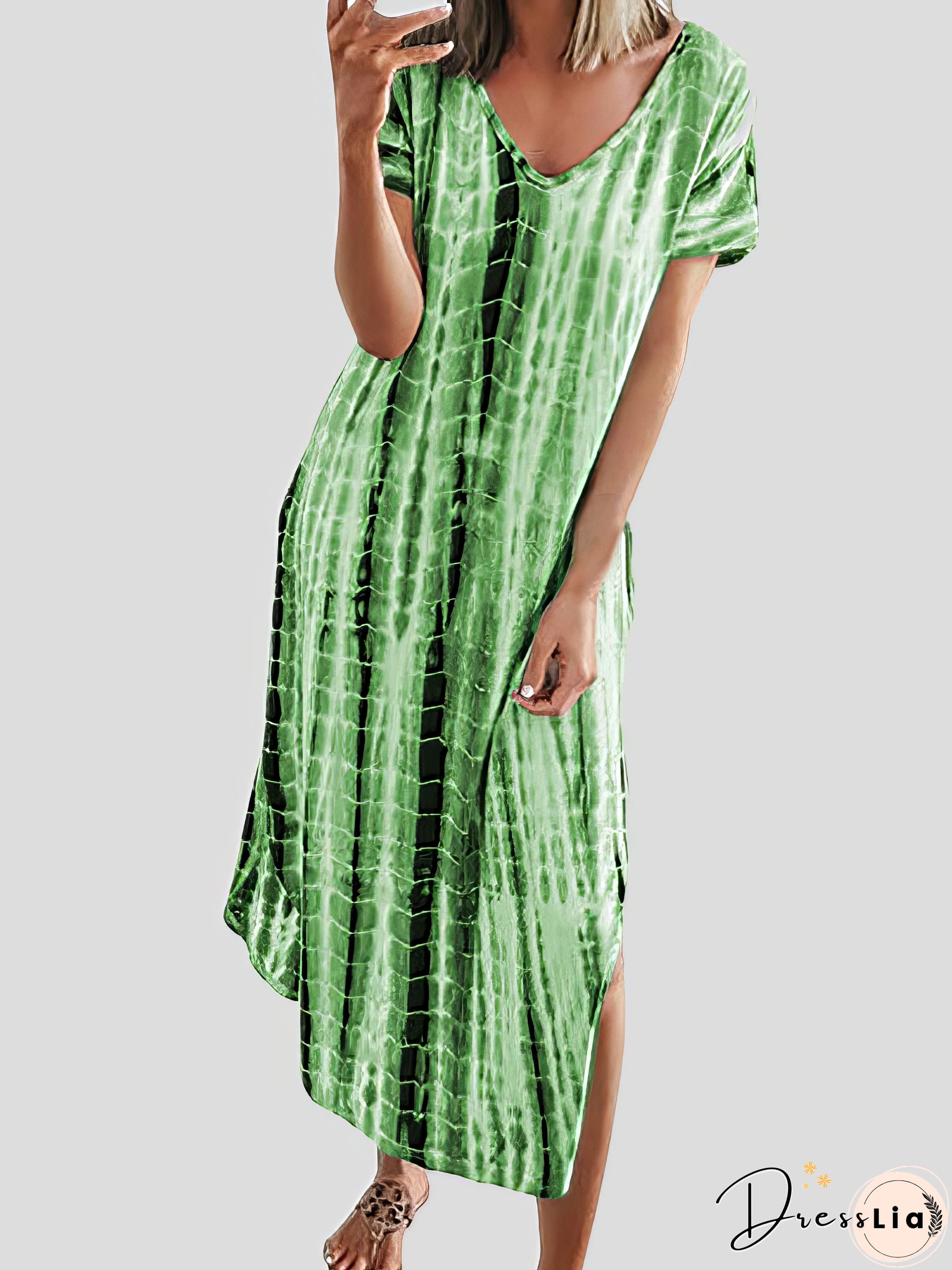 Loose Tie-Dye Printed V-Neck Split Dress Loose Tie-Dye Printed V-Neck Split Dress