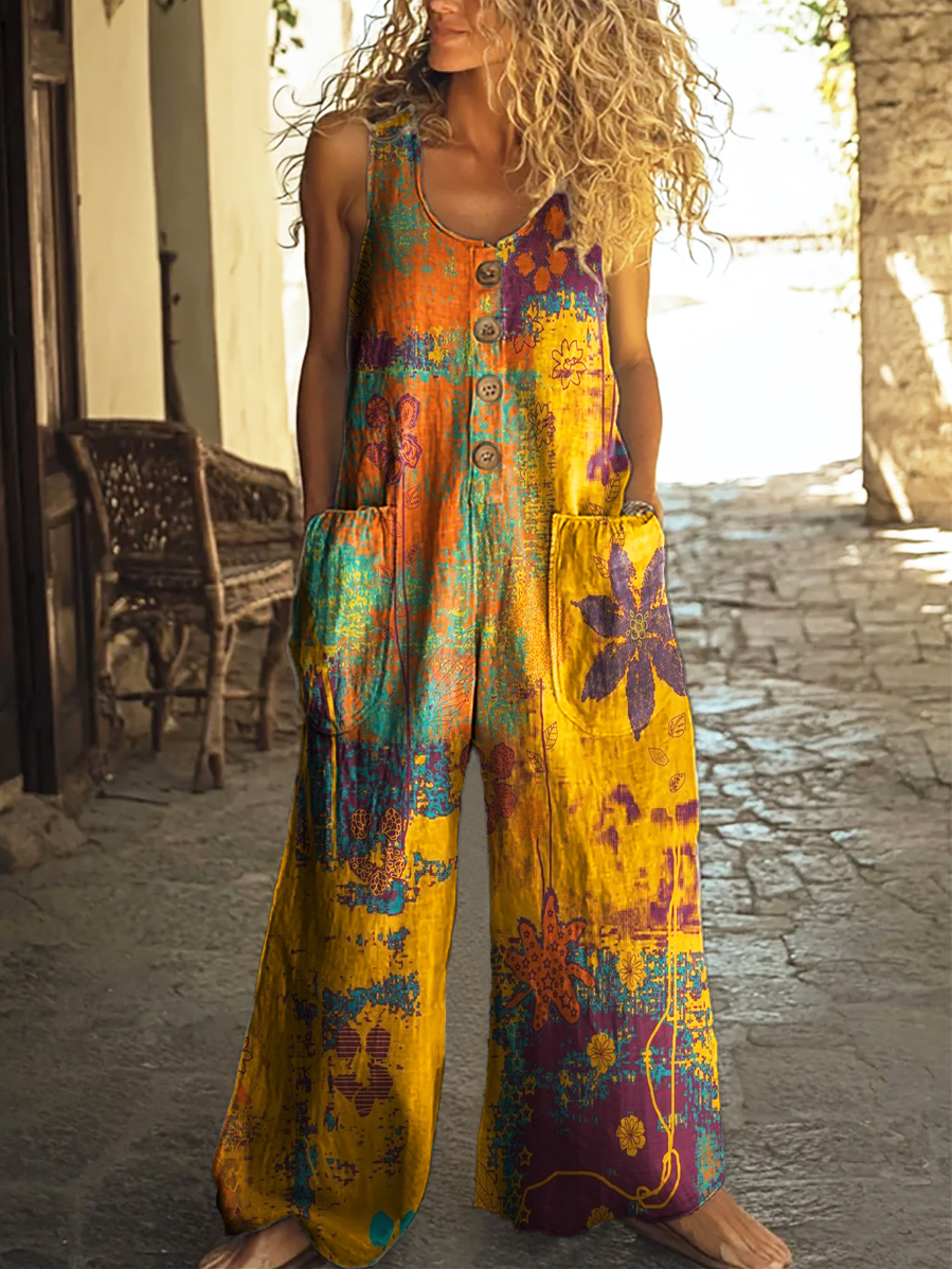 Women's Vintage Contrast Floral Prints Casual 100% Cotton Wide Leg Jumpsuit