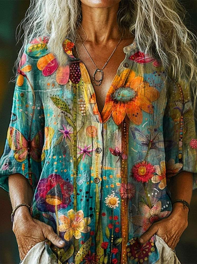 Women's Watercolor Flower Art Print Casual Cotton Linen Shirt