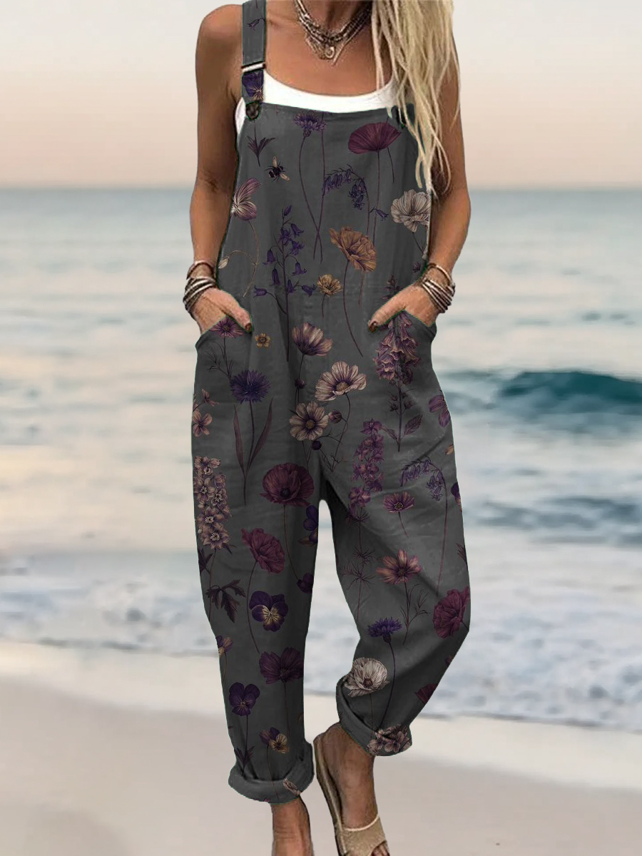 Women's Vintage Floral Art Print Casual 100% Cotton Wide Leg Jumpsuit