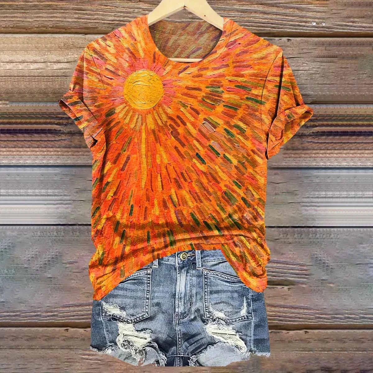 Women's Colorful Sun Print V-Neck T-Shirt Women's Colorful Sun Print V-Neck T-Shirt