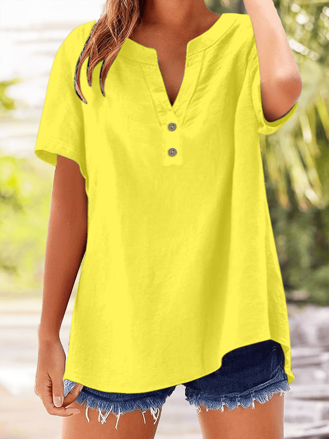 Women's Solid Color Button Design V-Neck Short Sleeve Shirt Women's Solid Color Button Design V-Neck Short Sleeve Shirt