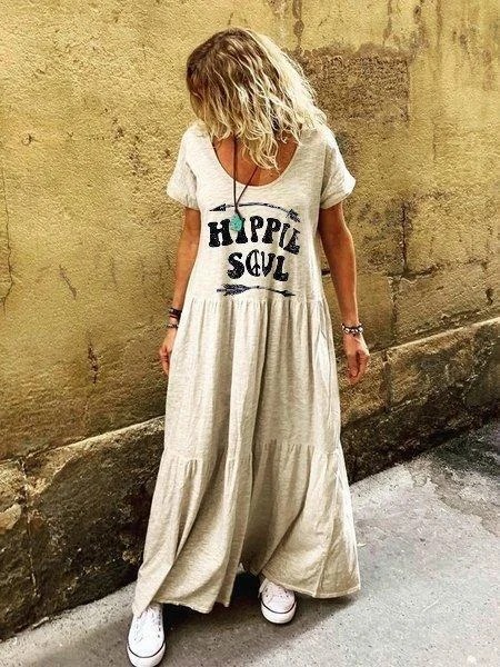 Letter Short Sleeve Crew Neck Boho Dress Letter Short Sleeve Crew Neck Boho Dress