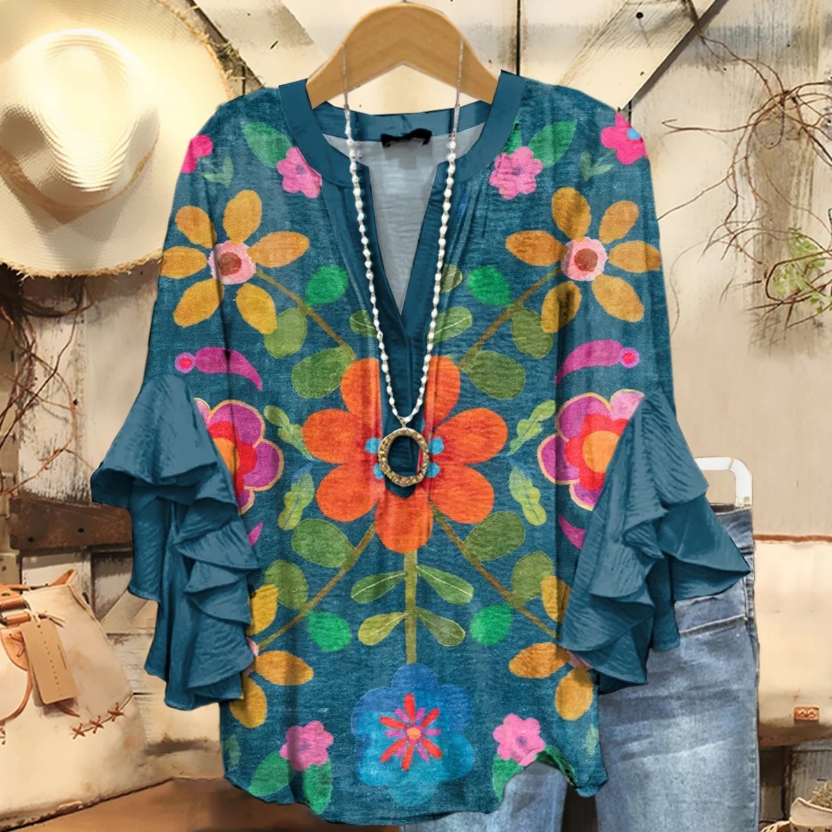 Women's Bohemian Floral Art Print V-neck Casual T-Shirt Women's Bohemian Floral Art Print V-neck Casual T-Shirt