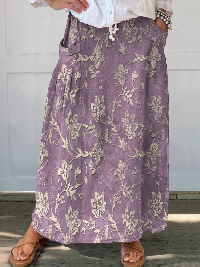 Women's  Flower Art  Print   Linen Pocket Skirt