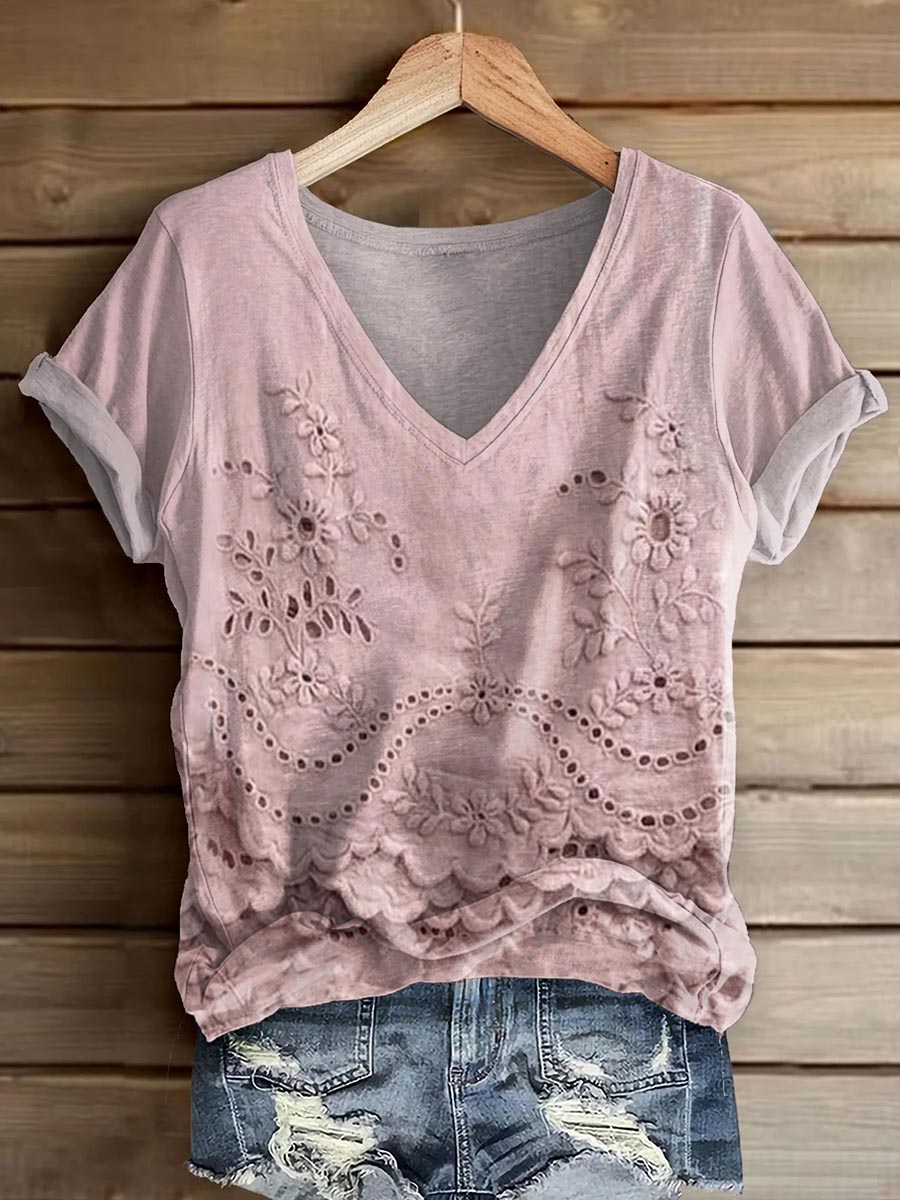 Women's Vintage Floral Texture Art Print V-neck Casual T-Shirt