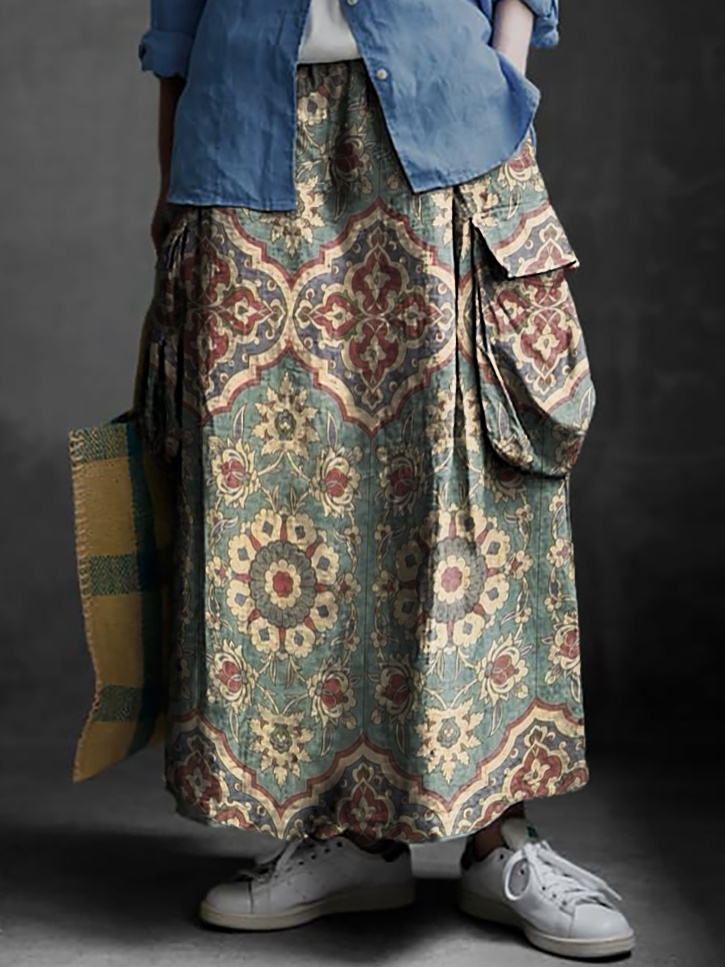 Women's Bohemian Vintage Floral Art Print Casual Cotton and Linen Pocket Skirt