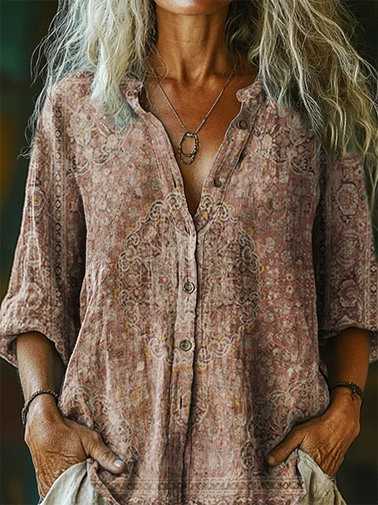 Women's Vintage Ethnic Floral Art Print Linen And Cotton V-neck Casual Shirt Women's Vintage Ethnic Floral Art Print Linen And Cotton V-neck Casual Shirt