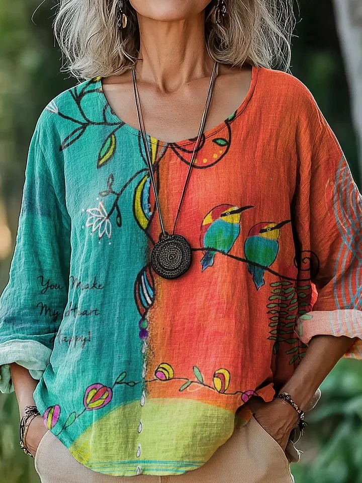 Women's Vintage Floral Bird Art Print Casual Cotton Shirt Women's Vintage Floral Bird Art Print Casual Cotton Shirt