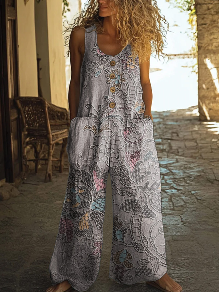 Women's Vintage Floral Pattern Art Print Casual Suspenders Wide Leg Pants