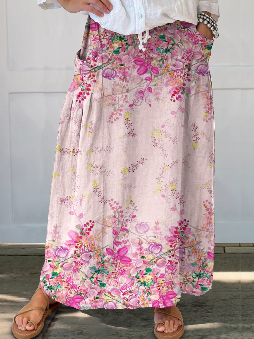 Women's Flower Art Print Linen Pocket Skirt