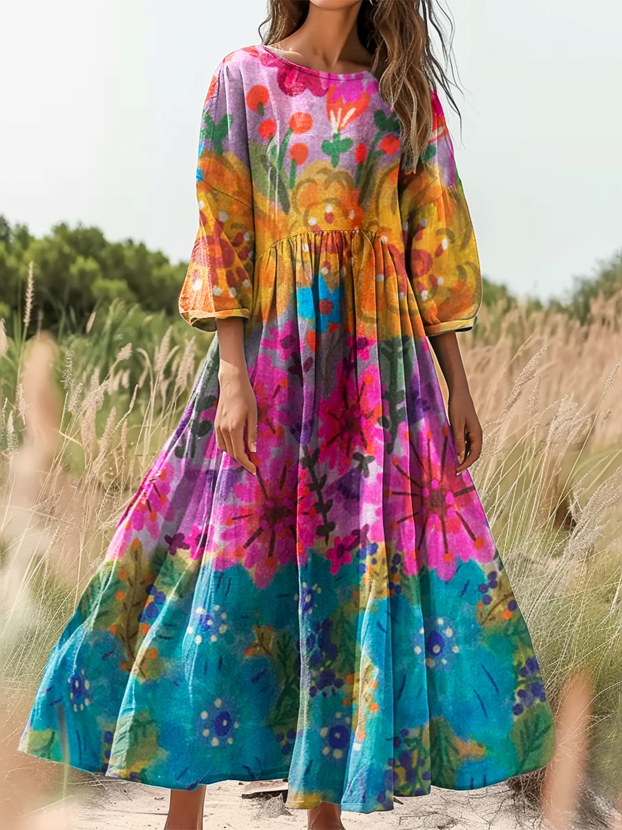 Women's Bohemian Floral Print Flowy Cotton Crew Neck Dress