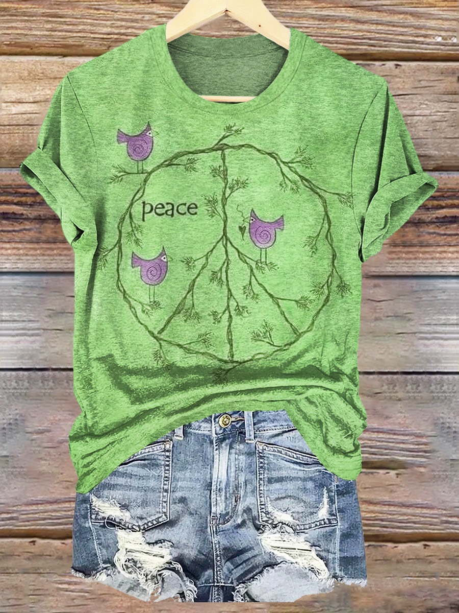 Women's Vintage Peace Love Birds Print Crew Neck T-shirt Women's Vintage Peace Love Birds Print Crew Neck T-shirt
