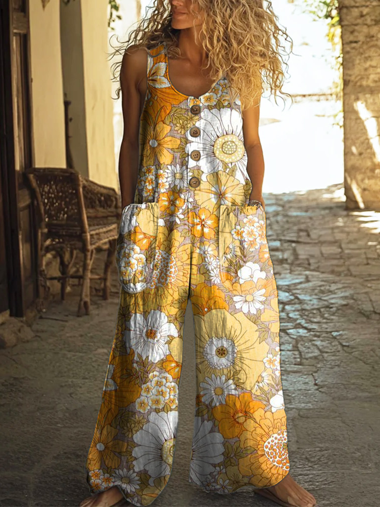 Women's Hippie Art Floral Print Vest Jumpsuit