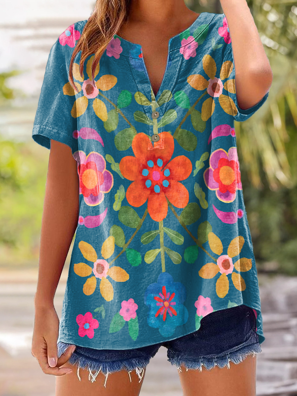 Women's Bohemian Floral Art Print Casual Cotton And Linen Shirt-1