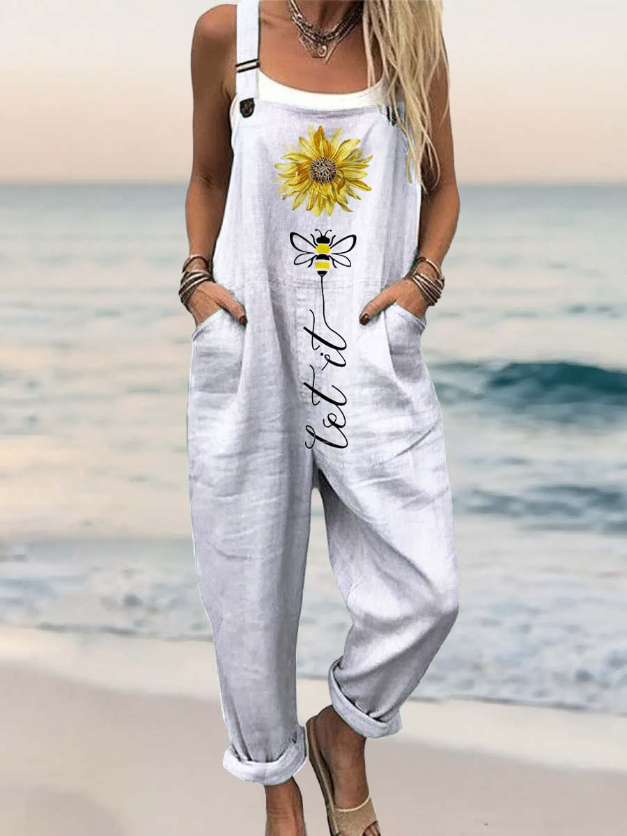 Women's Sunflower Let it Be Art Print Casual Cotton Pocket Jumpsuit