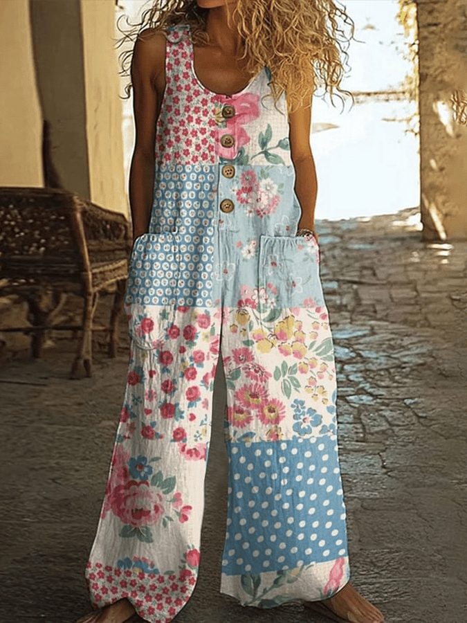 Women's Retro Botanical Floral Patchwork Art Print Button Casual Jumpsuit