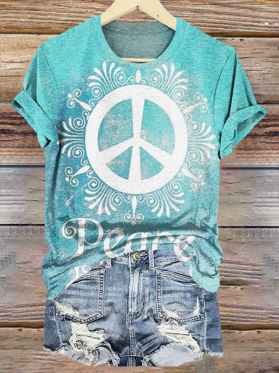 Women's Hippie Peace Is Beautiful Print Short Sleeve Pocket Cotton Linen Dress Women's Hippie Peace Is Beautiful Print Short Sleeve Pocket Cotton Linen Dress