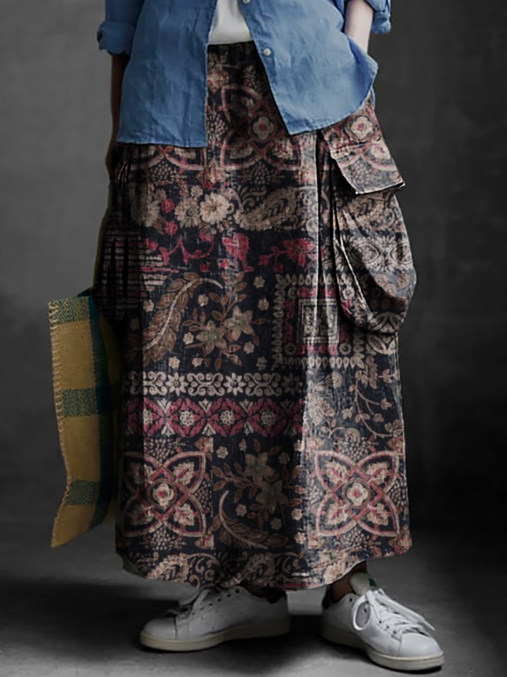 Women's Folk Floral Collage Art Print Casual Cotton and Linen Pocket Skirt