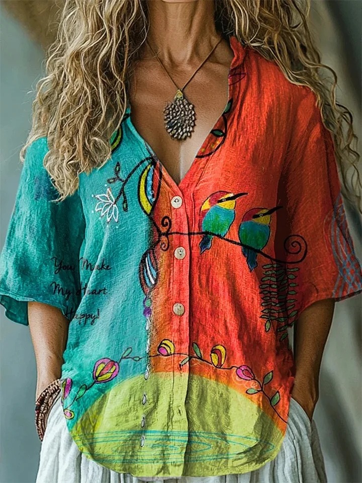Women's Vintage Floral Bird Art Print Casual Cotton Shirt Women's Vintage Floral Bird Art Print Casual Cotton Shirt