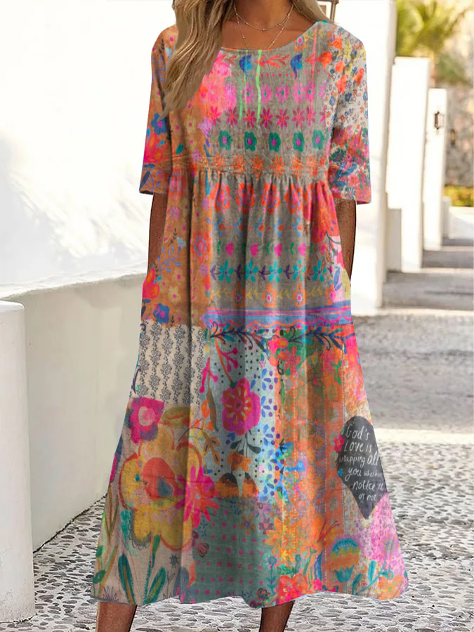 Vintage Floral Heart Print Round Neck Pocket Midi Dress Vintage Floral Heart Print Round Neck Pocket Midi Dress