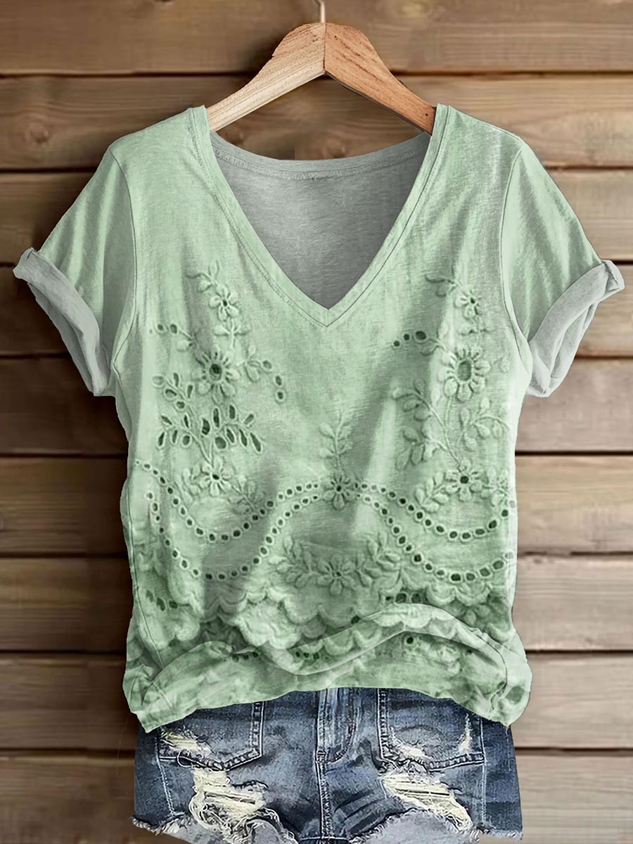Women's Vintage Floral Texture Art Print V-neck Casual T-Shirt Women's Vintage Floral Texture Art Print V-neck Casual T-Shirt