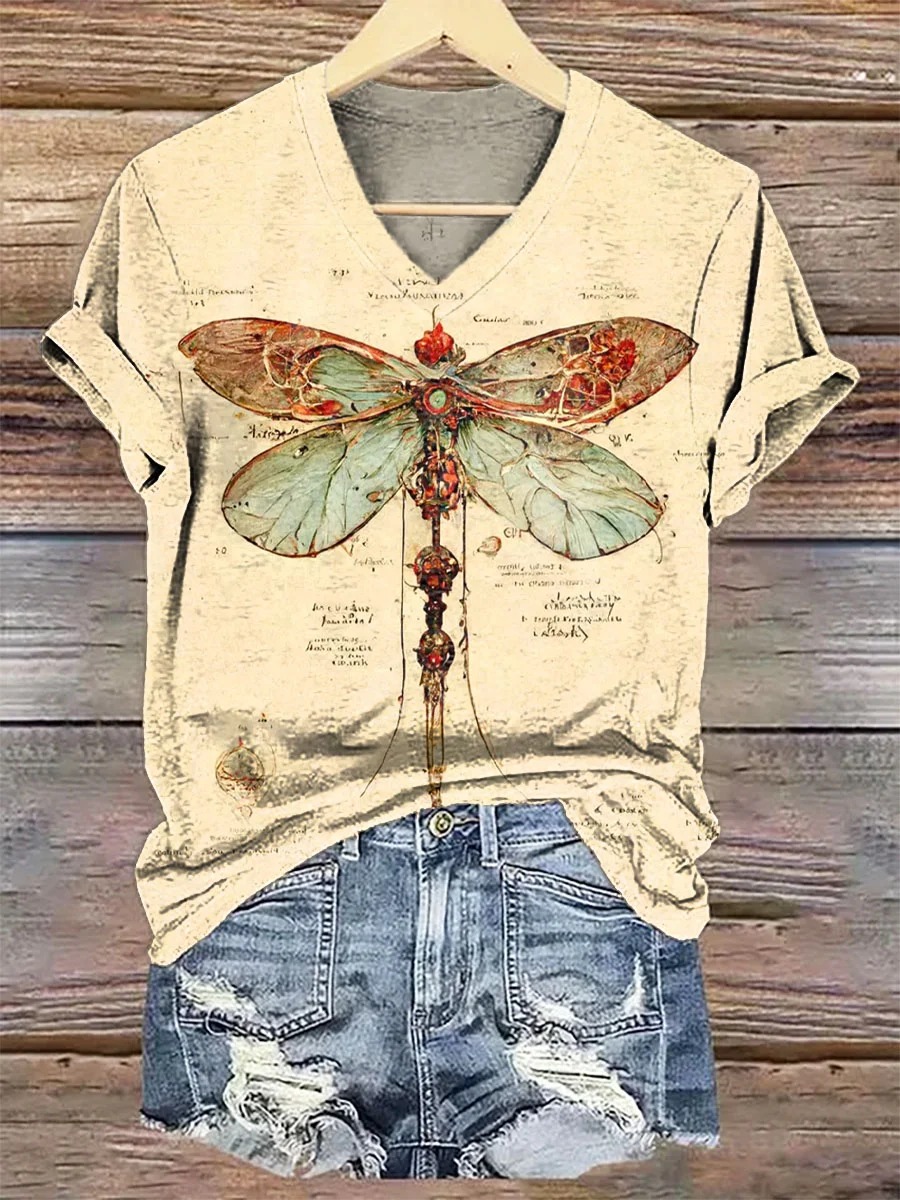 Women's Dragonfly Pattern Art Print Casual Short Sleeve Comfortable Cotton Shirt Women's Dragonfly Pattern Art Print Casual Short Sleeve Comfortable Cotton Shirt