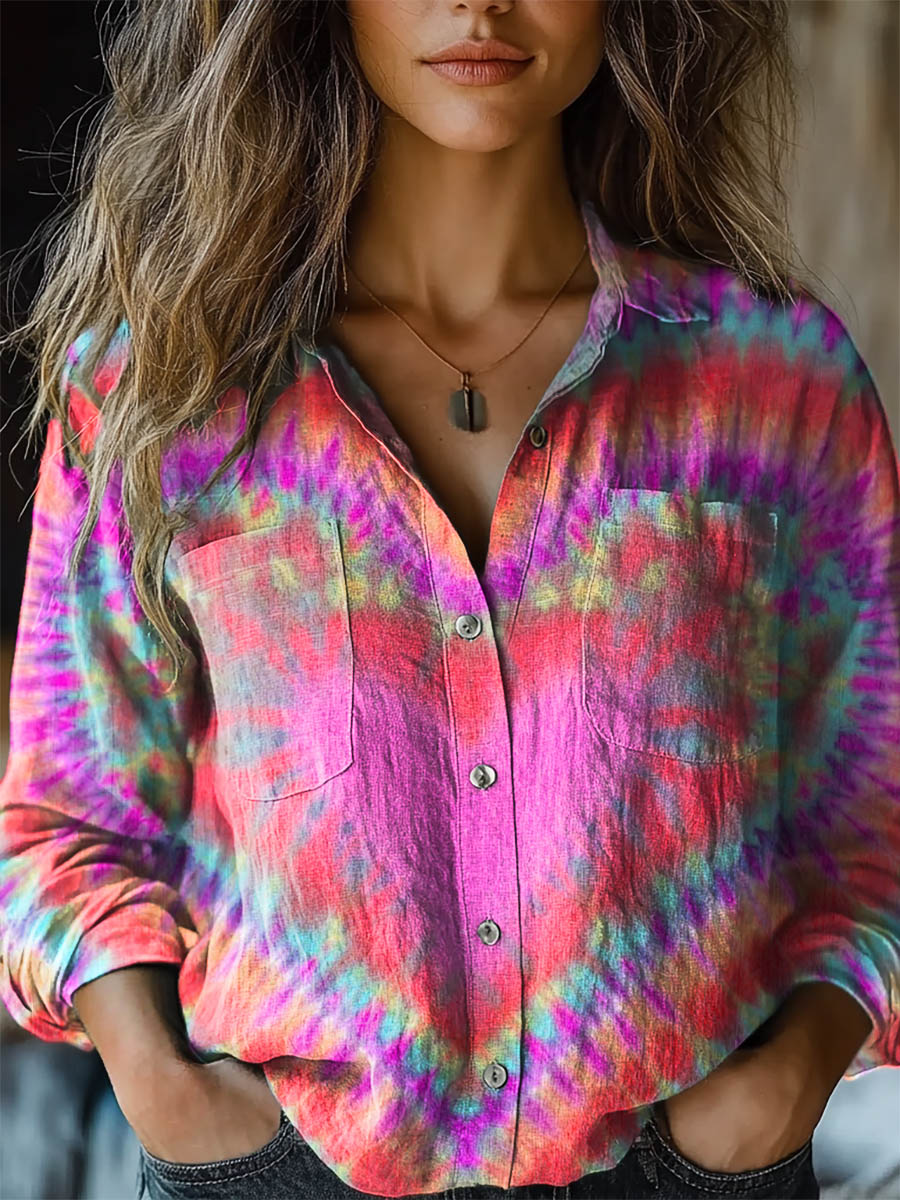 Women's Valentine's Day Colorful Heart Tie Dye Print Casual Long Sleeve Comfortable Cotton Shirt Women's Valentine's Day Colorful Heart Tie Dye Print Casual Long Sleeve Comfortable Cotton Shirt
