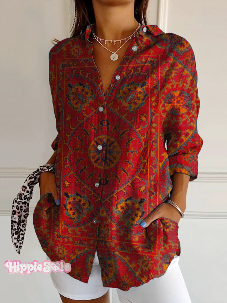 Women's Colorful Retro Totem Print Casual Cotton Shirt Women's Colorful Retro Totem Print Casual Cotton Shirt