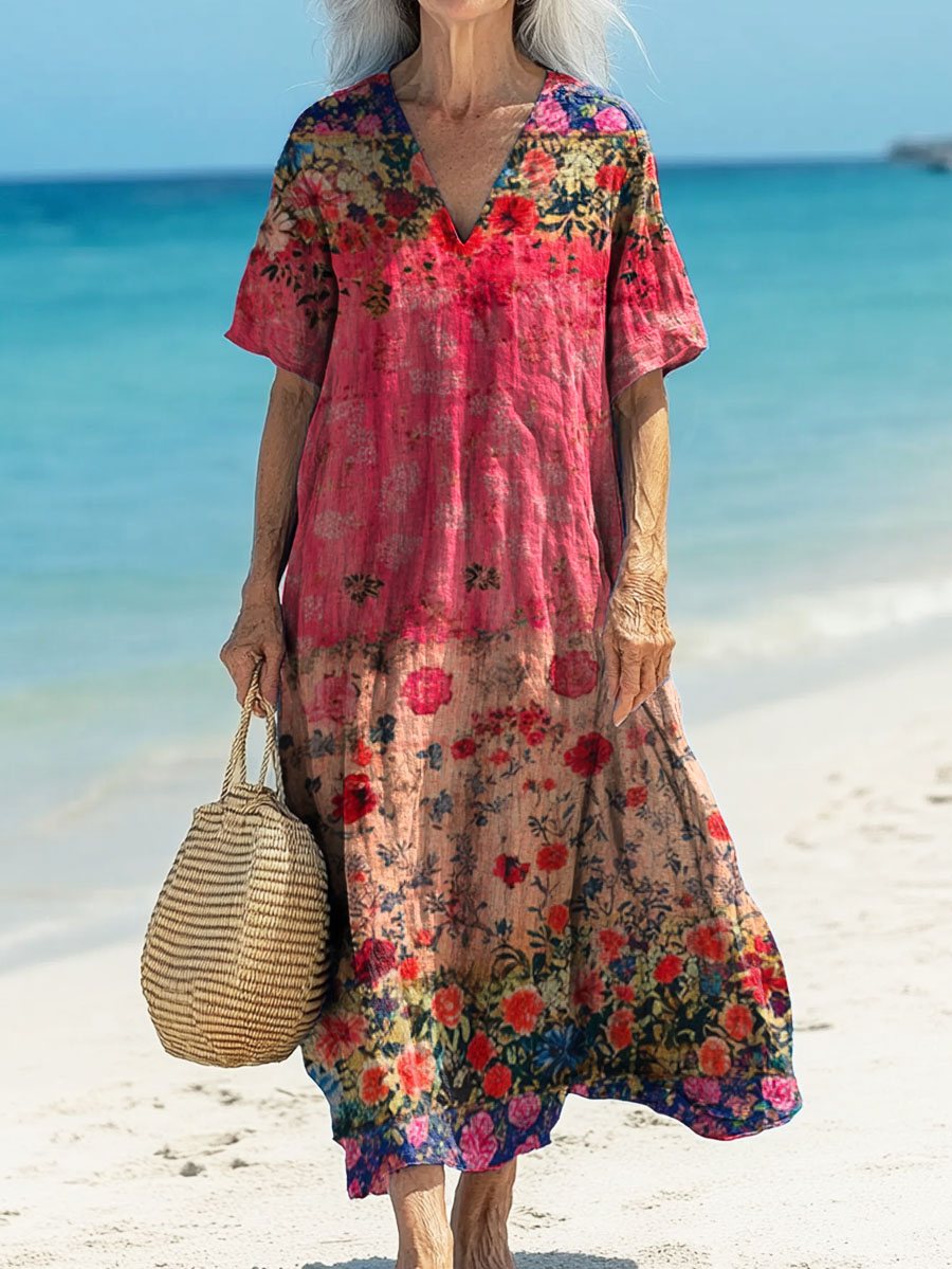 Women's Floral Print Pocket Cotton Dress