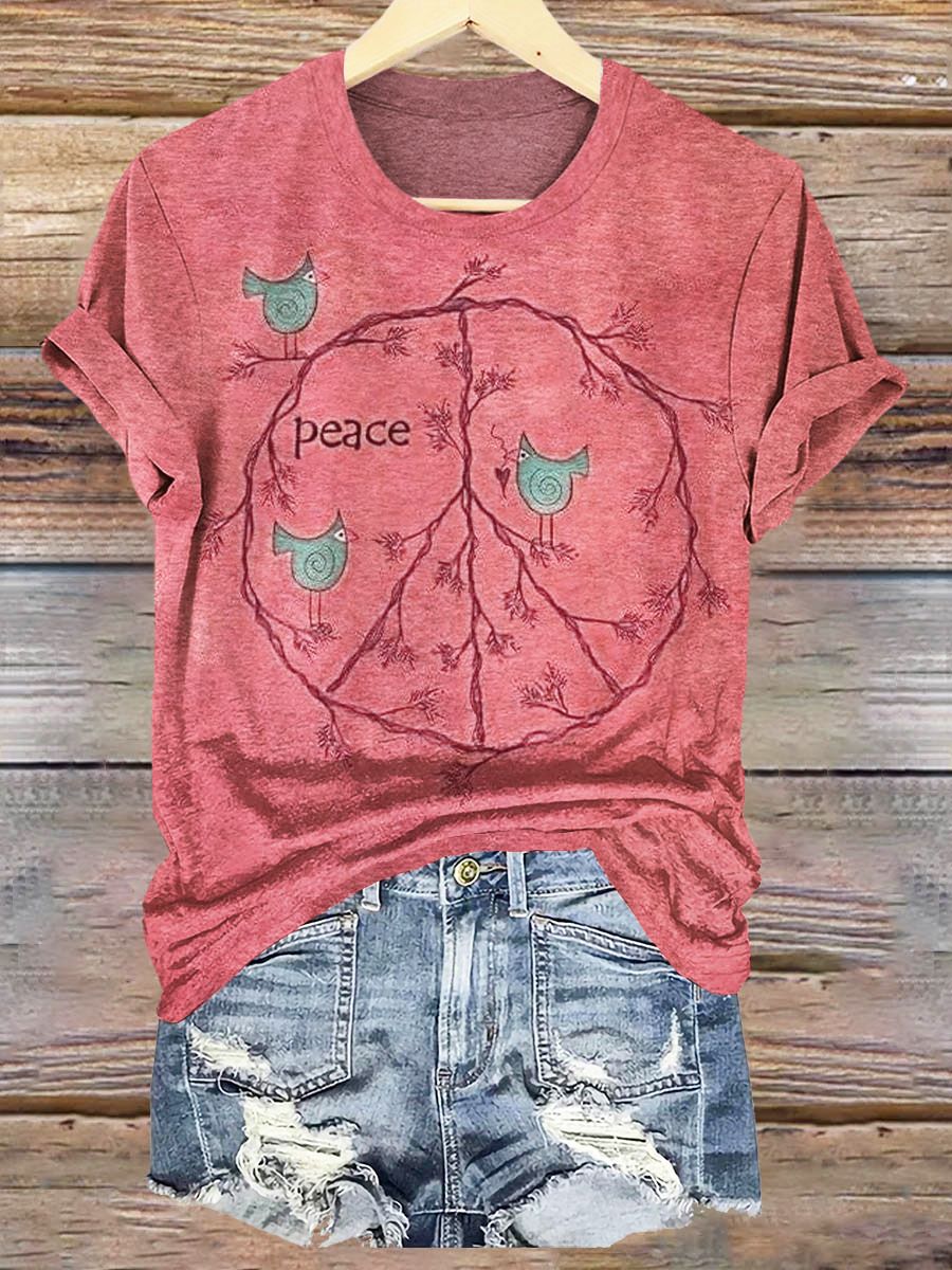 Women's Vintage Peace Love Birds Print Crew Neck T-shirt Women's Vintage Peace Love Birds Print Crew Neck T-shirt