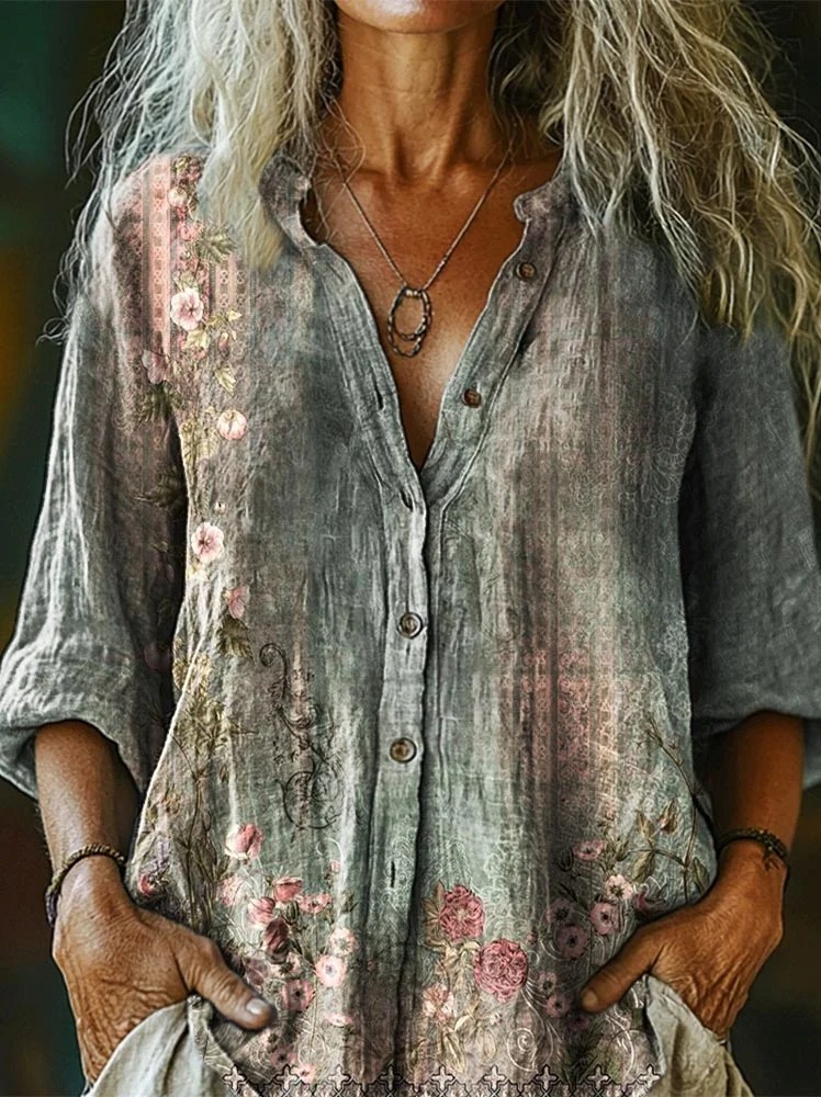 Women's Retro Ethnic Flowers Print V-neck Casual T-Shirt Women's Retro Ethnic Flowers Print V-neck Casual T-Shirt
