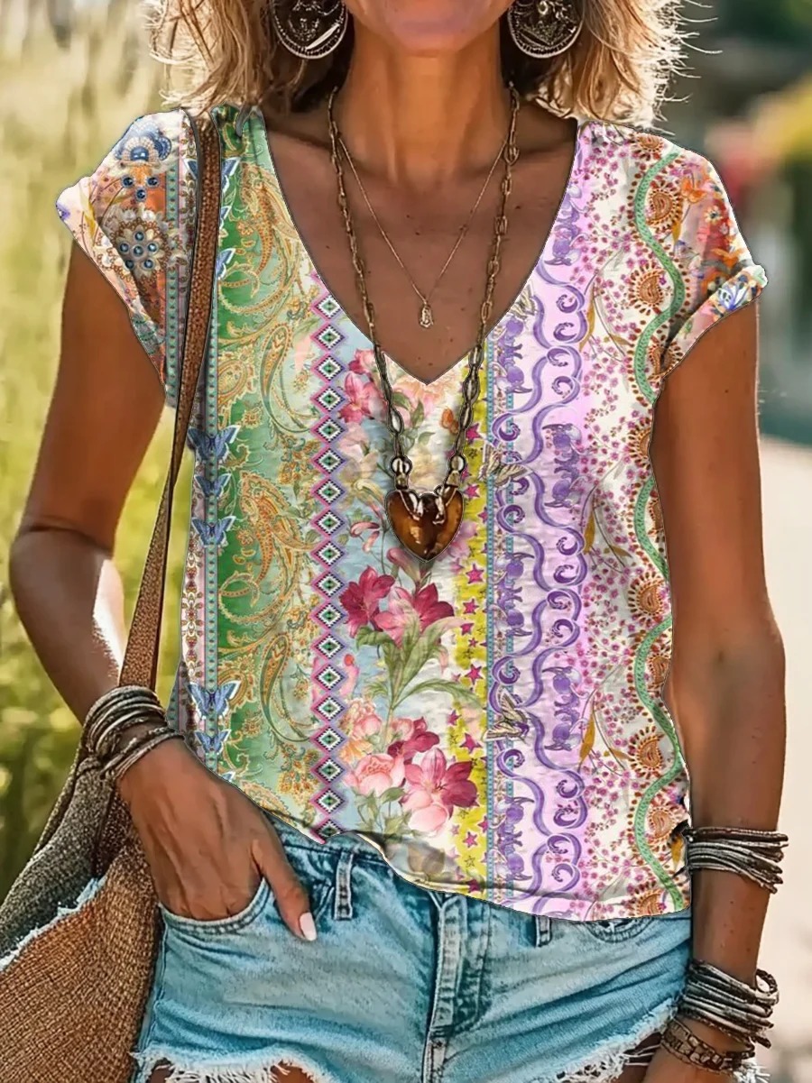 Vintage Kaleidoscope Tie Dye Print 100%Cotton V-neck T-Shirt Vintage Kaleidoscope Tie Dye Print 100%Cotton V-neck T-Shirt
