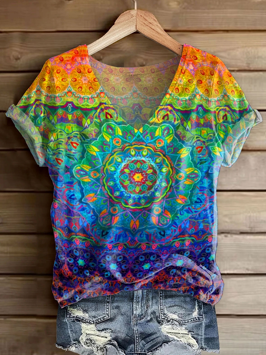 Women's Colorful Mandala Art Print V-Neck Cotton T-Shirt