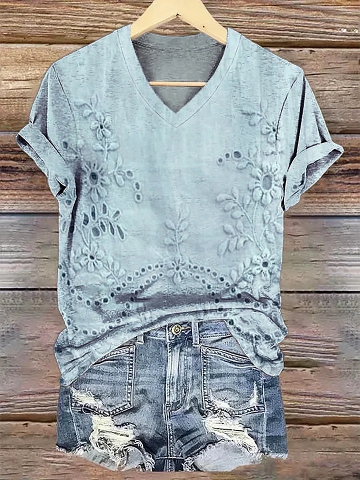 Women's Vintage Floral Texture Patterns Print V-neck Casual T-Shirt Women's Vintage Floral Texture Patterns Print V-neck Casual T-Shirt