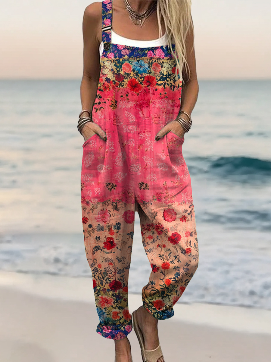 Women's Floral Art Print Casual Cotton Pocket Jumpsuit