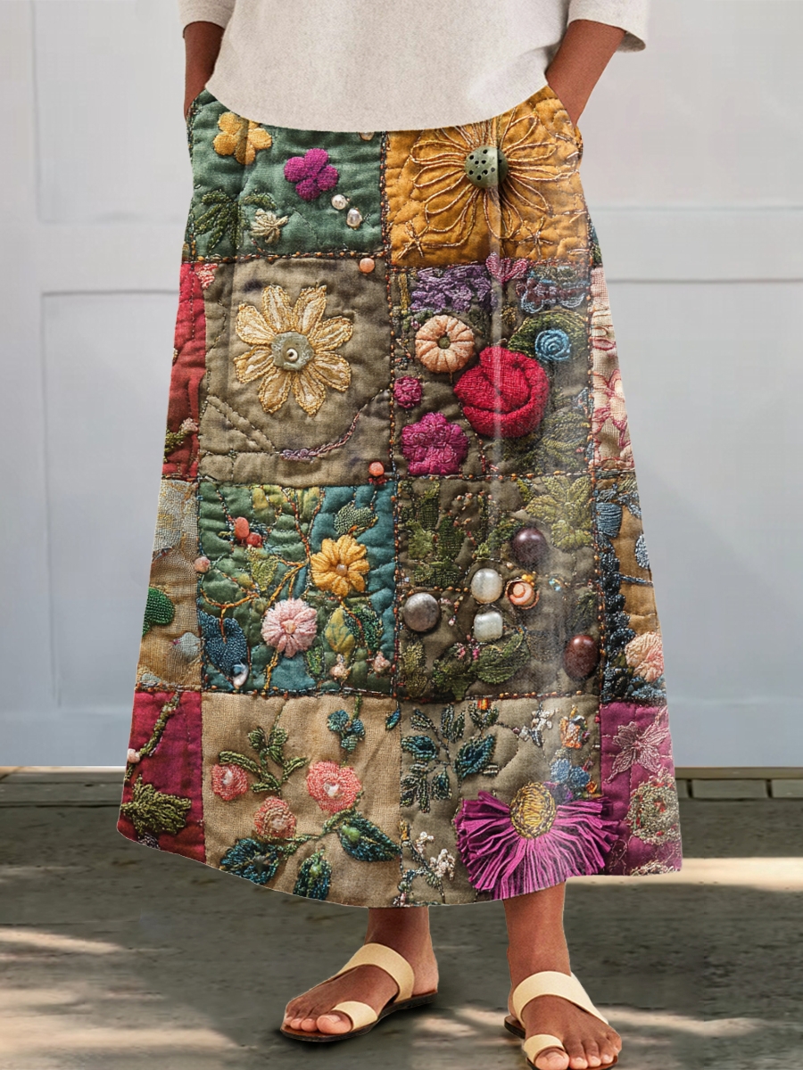 Women's Vintage Patchwork Floral Print Cotton and Linen Pocket Skirt