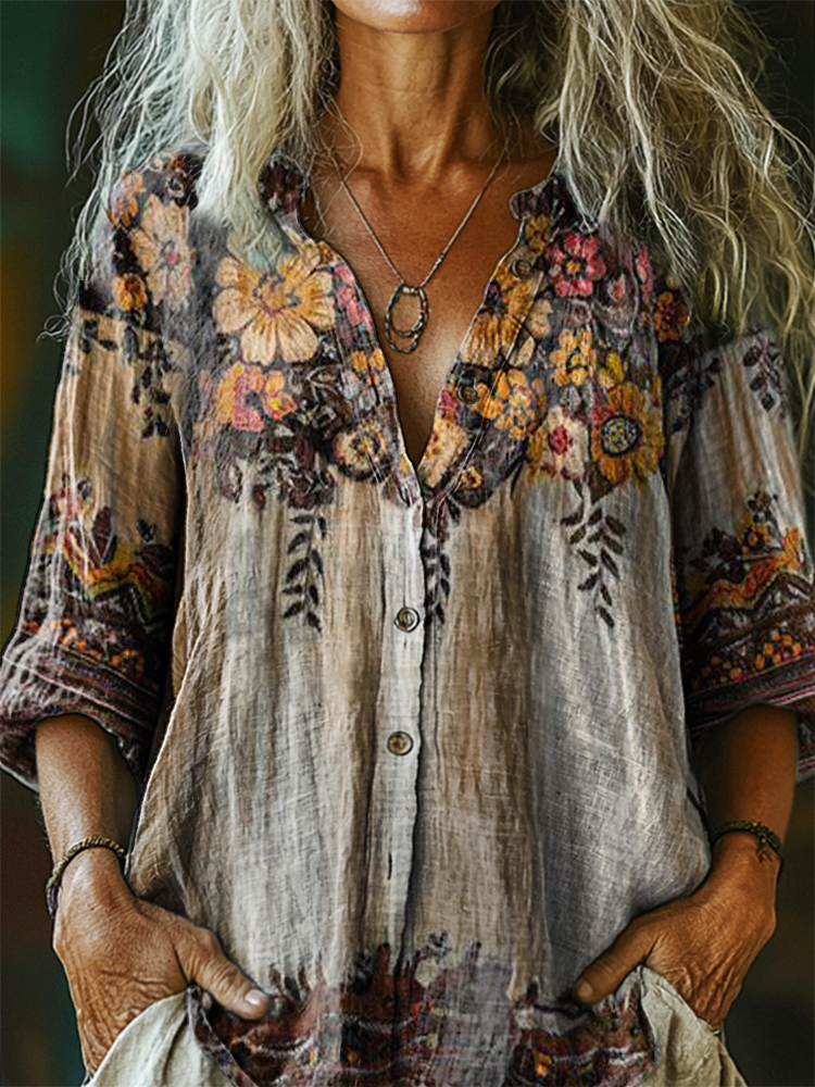 Women's Vintage Floral Pattern Art Print Casual Cotton Linen Shirt
