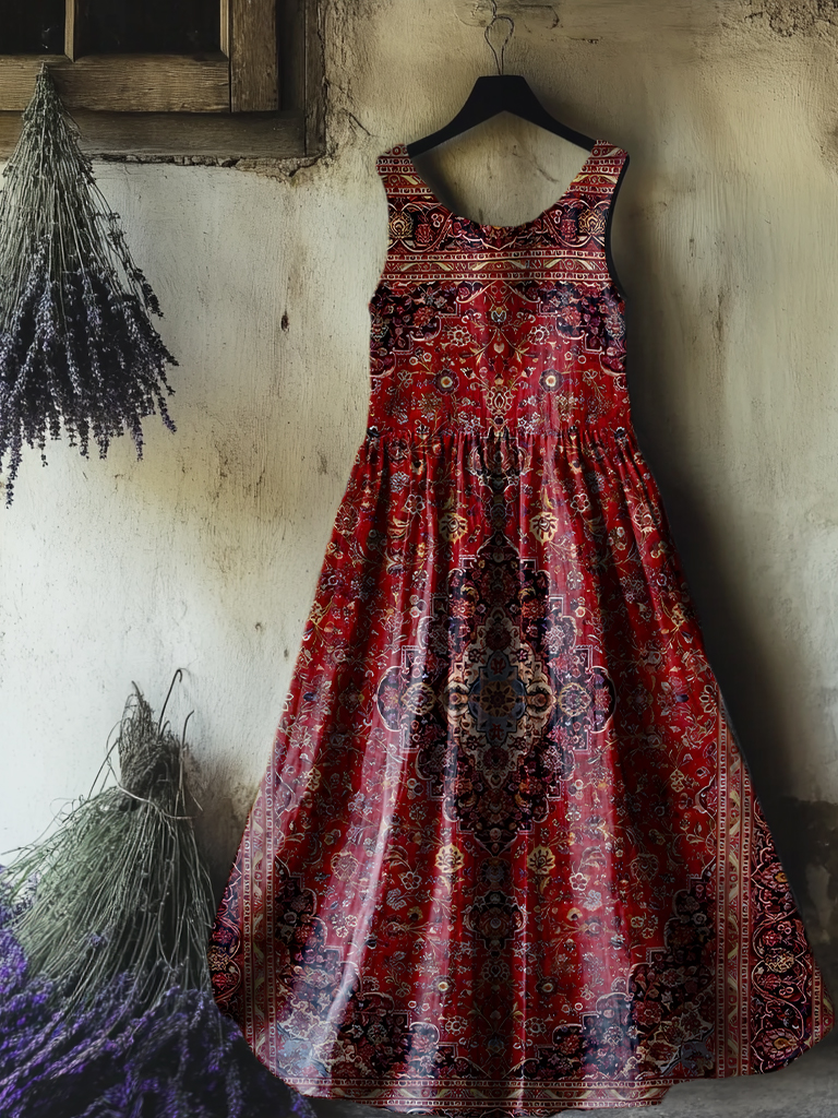 Women's Vintage Art Print Sleeveless Cotton Pocket Dress