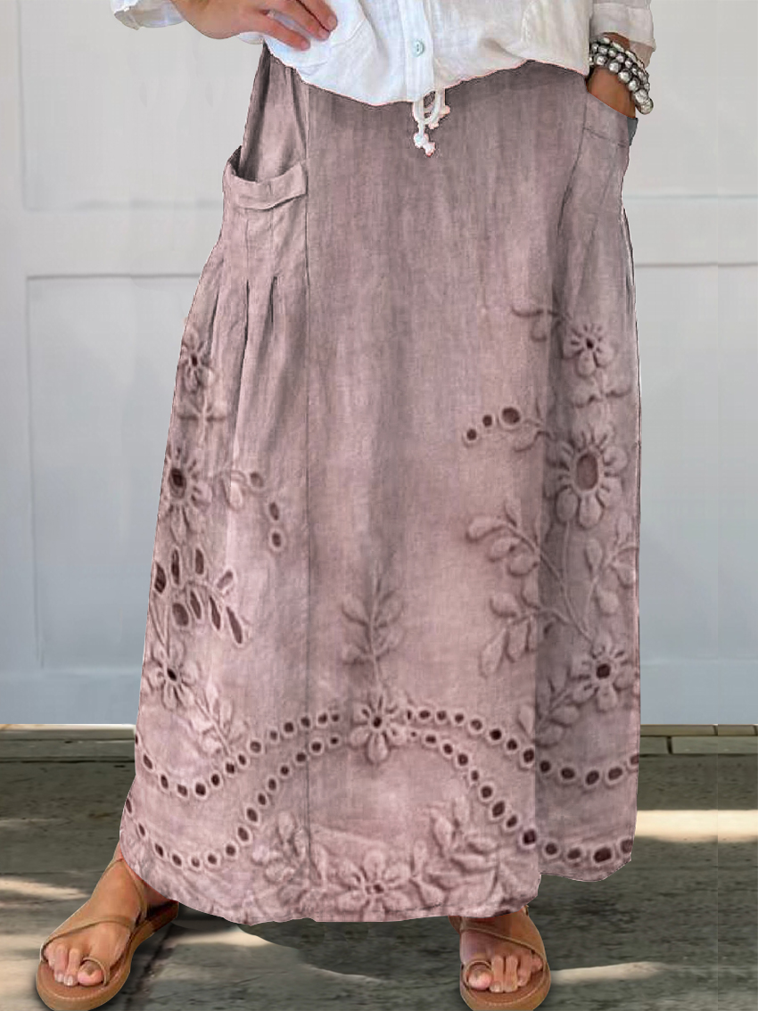 Women's Floral Textured Art Pattern Prints Linen Pocket Skirt