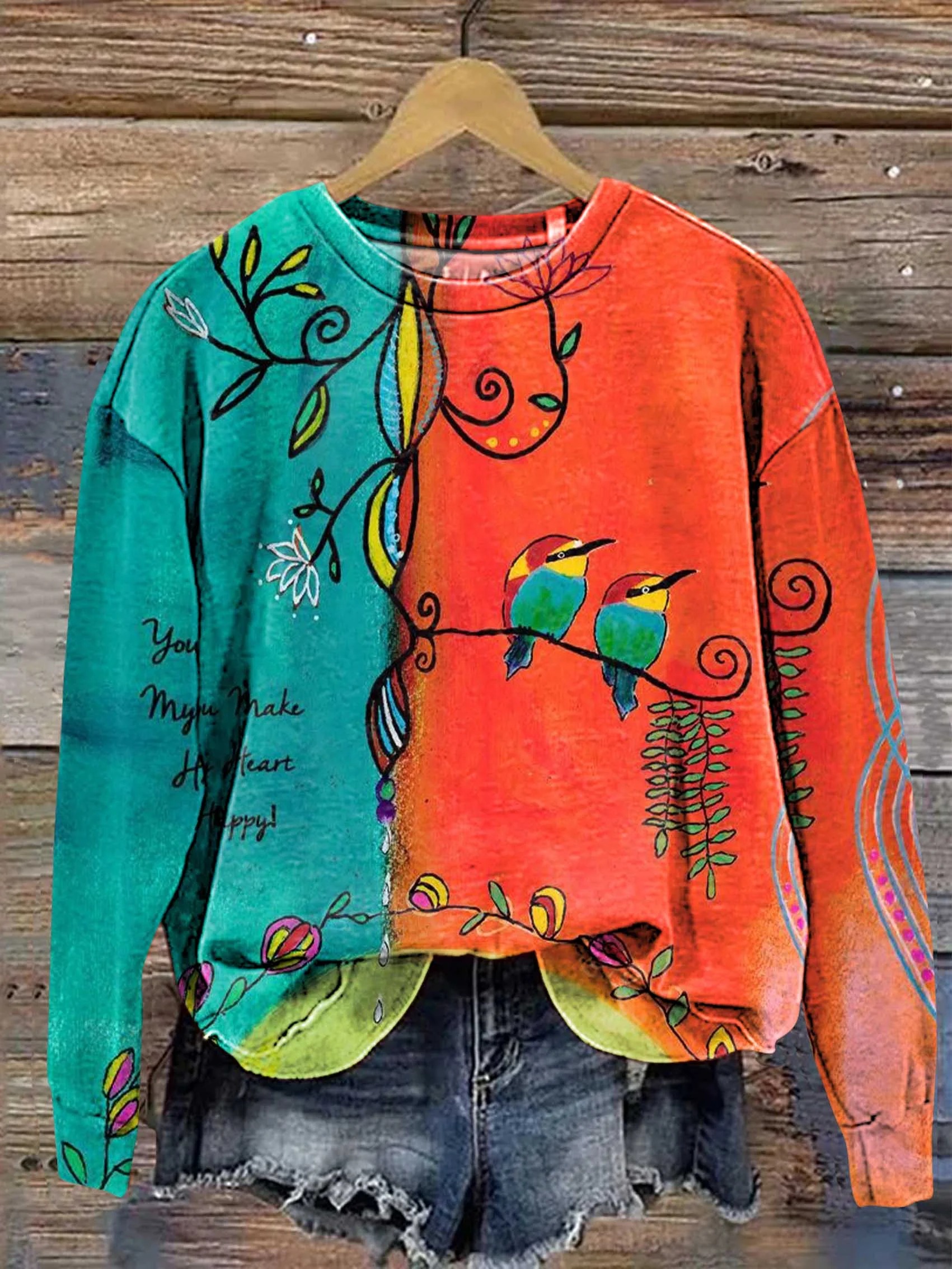 Women's Vintage Floral Bird Art Print Casual Cotton Shirt Women's Vintage Floral Bird Art Print Casual Cotton Shirt