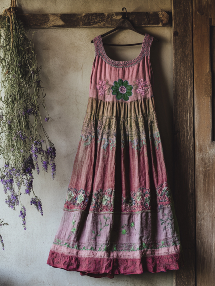 Vintage Bohemian Lavender Embroidery Patchwork Art Sleeveless Cozy Linen Maxi Dress Vintage Bohemian Lavender Embroidery Patchwork Art Sleeveless Cozy Linen Maxi Dress