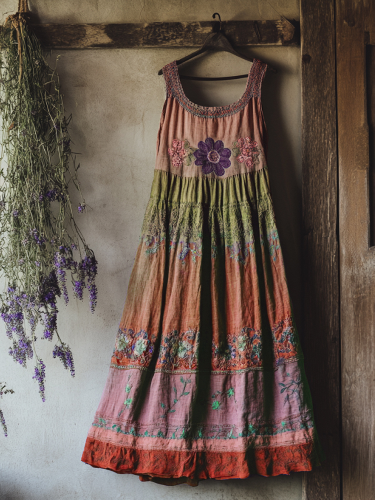 Vintage Bohemian Lavender Embroidery Patchwork Art Sleeveless Cozy Linen Maxi Dress Vintage Bohemian Lavender Embroidery Patchwork Art Sleeveless Cozy Linen Maxi Dress