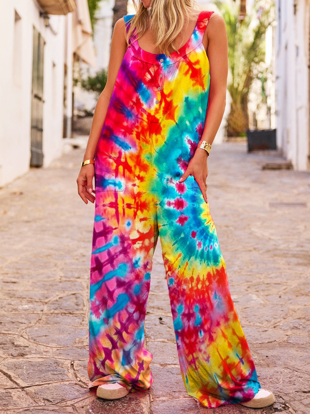Women's Hippie Tie Dye Art Print Casual 100% Cotton Wide Leg Jumpsuit